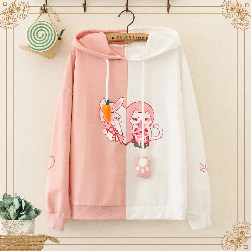 Women's Kawaii Contrast Color Cat And Rabbit Printed Hoodies Hoodie with Hem Fringe Bohemian Relaxed Women's Kawaii Contrast Color Cat And Rabbit Printed Hoodies Hoodie with Hem Fringe Bohemian Relaxed