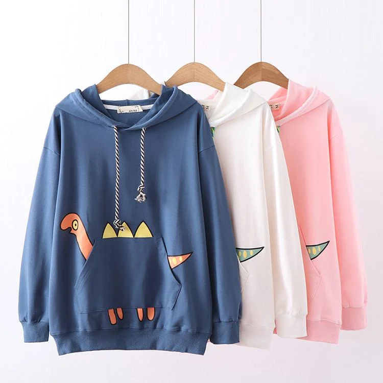 Women's Kawaii Dinosaur Printed Pocket Loose Hoodies Hoodie with Hem Contrast Bold Stylish
