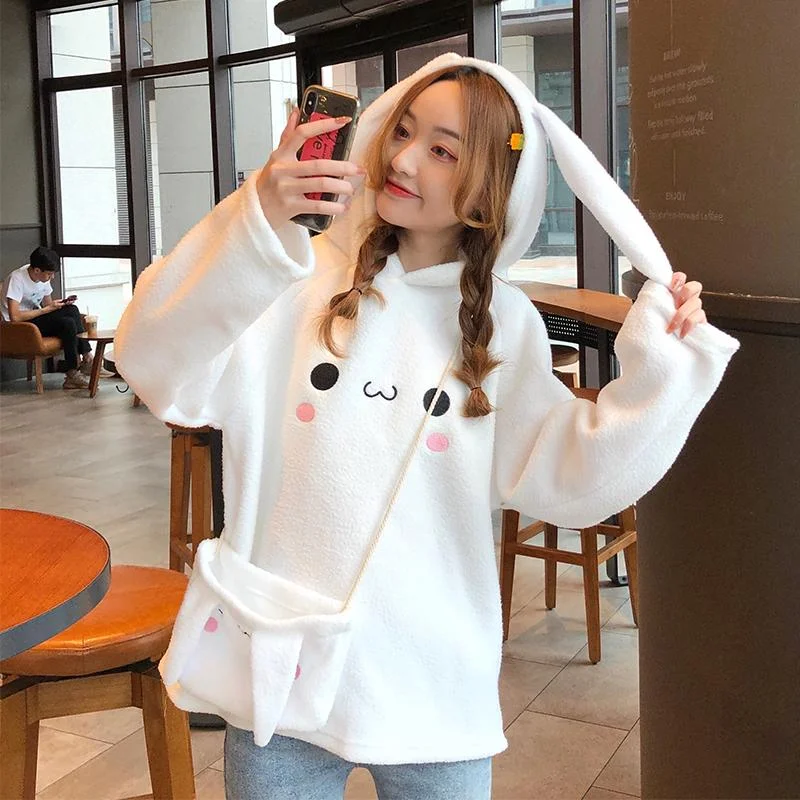 Women's Kawaii Emoji Printed Rabbit Ear Hooded Pure Color Hoodies Hoodie with Patch Decorative Personalized Women's Kawaii Emoji Printed Rabbit Ear Hooded Pure Color Hoodies Hoodie with Patch Decorative Personalized
