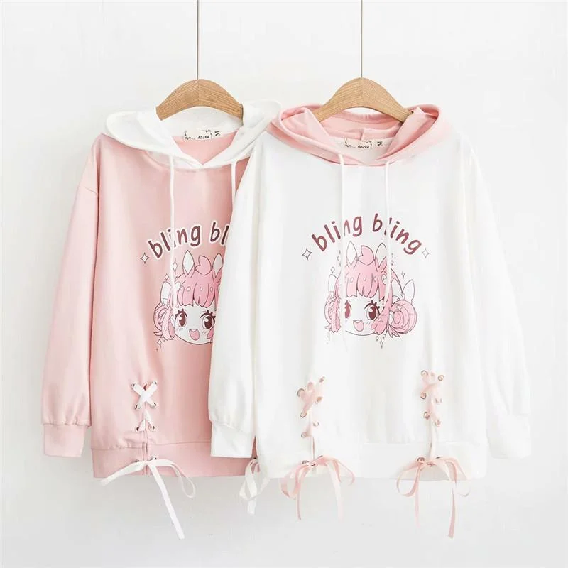 Women's Kawaii Little Girl Printed Lace-up Contrast Color Hoodies Cotton Hoodie Fleece Lining Warmth Women's Kawaii Little Girl Printed Lace-up Contrast Color Hoodies Cotton Hoodie Fleece Lining Warmth