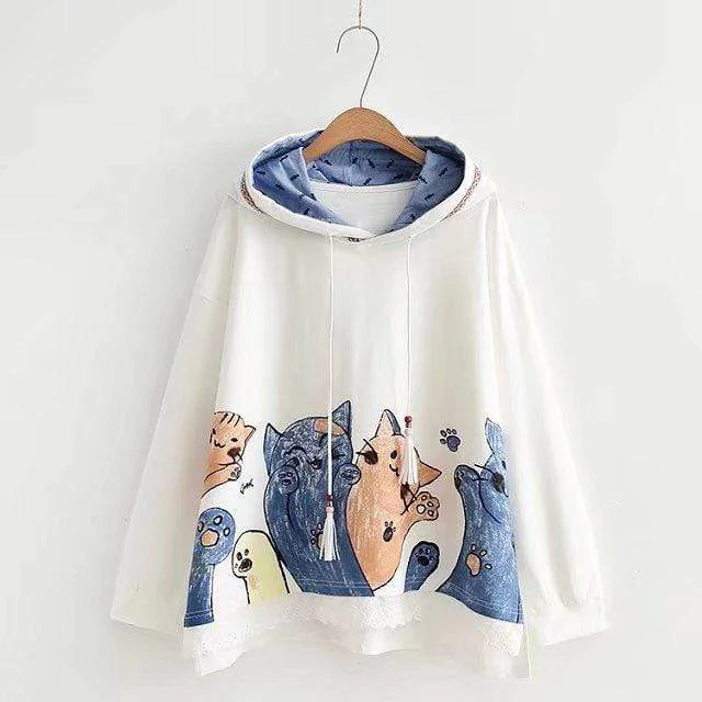 Women's Korean Fashion Cats Printed Loose Hoodies Hoodie with Belted Waist Structured Tailored Women's Korean Fashion Cats Printed Loose Hoodies Hoodie with Belted Waist Structured Tailored