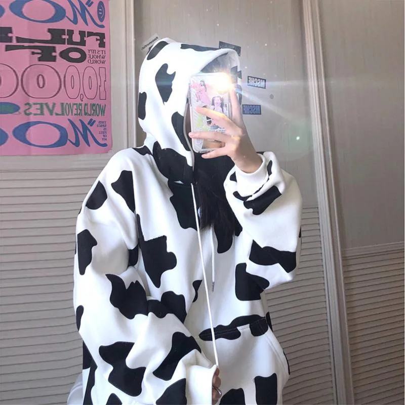 Women's Korean Fashion Dairy Cow Contrast Color Hoodies Cotton Hoodie Fleece Lining Warmth Women's Korean Fashion Dairy Cow Contrast Color Hoodies Cotton Hoodie Fleece Lining Warmth