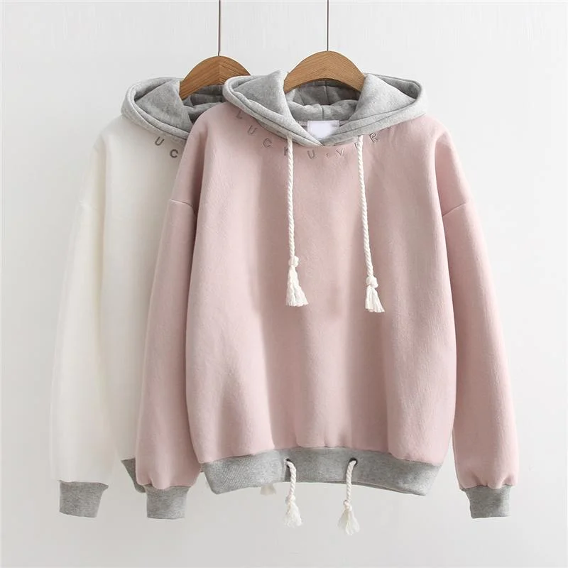 Women's Korean Fashion Drawstring Contrast Color Winter Hoodies Hoodie with Snap Buttons Easy Quick Women's Korean Fashion Drawstring Contrast Color Winter Hoodies Hoodie with Snap Buttons Easy Quick