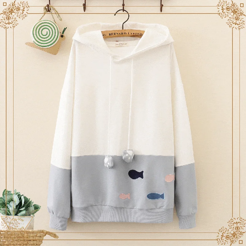 Women's Korean Fashion Fishes Embroidered Pad Drawstring Hoodies Hoodie with Hem Contrast Bold Stylish Women's Korean Fashion Fishes Embroidered Pad Drawstring Hoodies Hoodie with Hem Contrast Bold Stylish