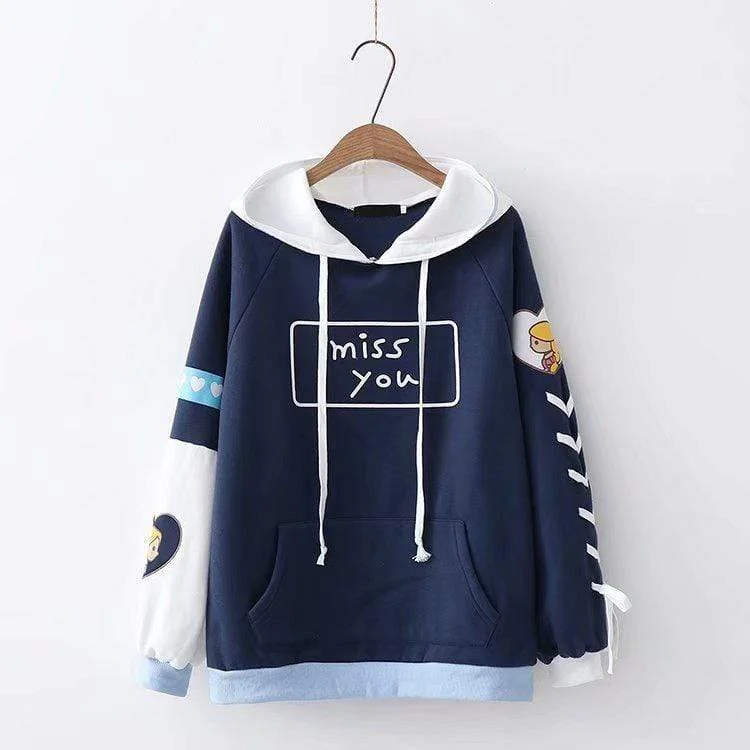 Women's Korean Fashion Miss You Printed Autumn Hoodies Hoodie with Puffed Sleeves Voluminous Trendy Women's Korean Fashion Miss You Printed Autumn Hoodies Hoodie with Puffed Sleeves Voluminous Trendy