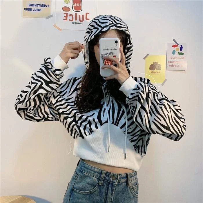 Women's Korean Fashion Zebra Striped Long Sleeved Hoodies Hoodie with Fur Luxurious Winter Women's Korean Fashion Zebra Striped Long Sleeved Hoodies Hoodie with Fur Luxurious Winter