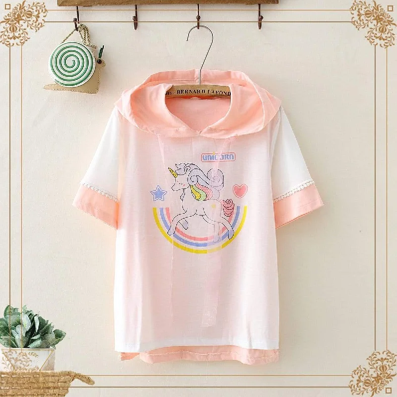 Women's Kawaii Unicorn Printed Contrast Color Hoodies Hoodie with Frayed Bohemian Relaxed Women's Kawaii Unicorn Printed Contrast Color Hoodies Hoodie with Frayed Bohemian Relaxed