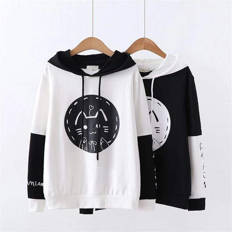 Women's Sweet Cat Printed Contrast Color Hoodies Hoodie with Hem Ribbing Snug Secure Women's Sweet Cat Printed Contrast Color Hoodies Hoodie with Hem Ribbing Snug Secure