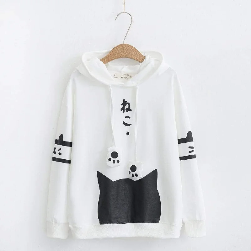 Women's Sweet Contrast Color Cat Printed Pads Drawstring Hoodies Hoodie with Button Placket Classic Preppy Women's Sweet Contrast Color Cat Printed Pads Drawstring Hoodies Hoodie with Button Placket Classic Preppy