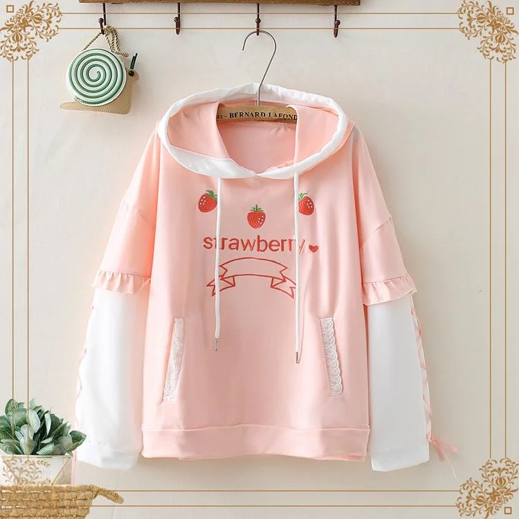 Women's Sweet Strawberry Embroidered Falbala Contrast Sleeved Hoodies Hoodie with Drop Shoulder Relaxed Streetwear Women's Sweet Strawberry Embroidered Falbala Contrast Sleeved Hoodies Hoodie with Drop Shoulder Relaxed Streetwear