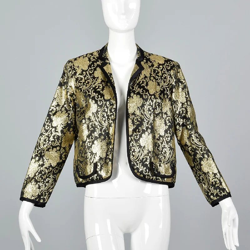 1980s Lillie Rubin Black and Metallic Gold Brocade Bolero Jacket Zip Front Button Front Snap Front 1980s Lillie Rubin Black and Metallic Gold Brocade Bolero Jacket Zip Front Button Front Snap Front