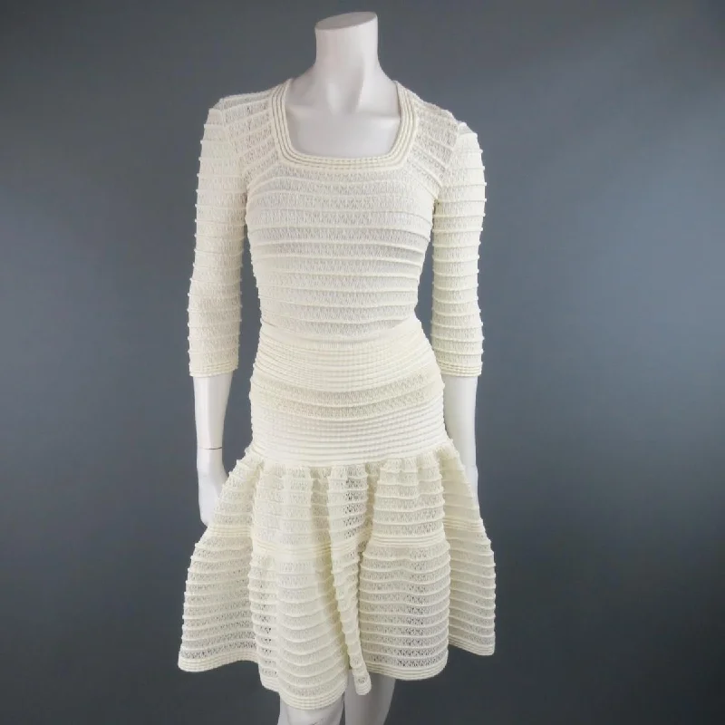 ALAIA Size M Cream Mesh Knit Scoop Neck Ruffle Skirt Set tiered skirt playful