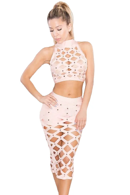 Apricot Slaver Lattice Hollow-out 3pcs Bandage Skirt Set low waist skirt