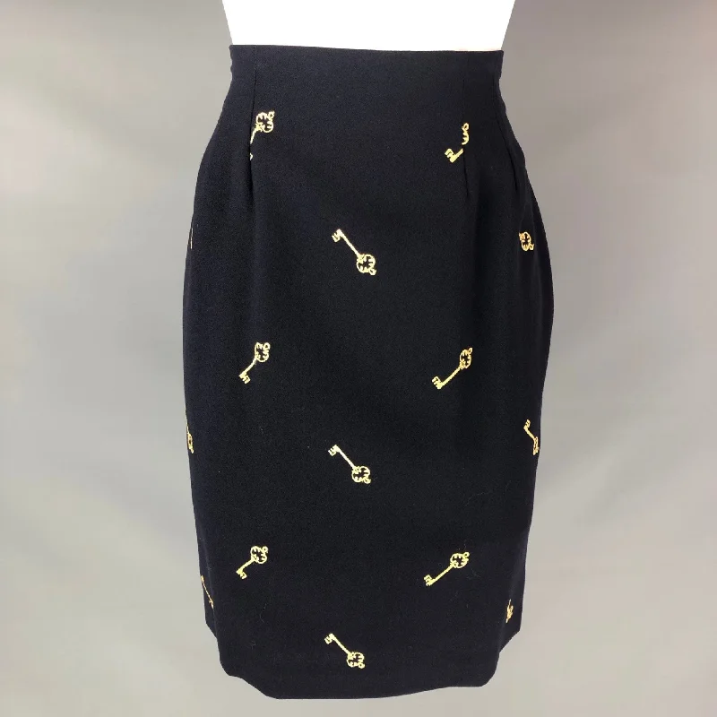 AUSTIN REED Size 6 Navy Yellow Wool Embroidered Pencil Skirt elastic waist skirt