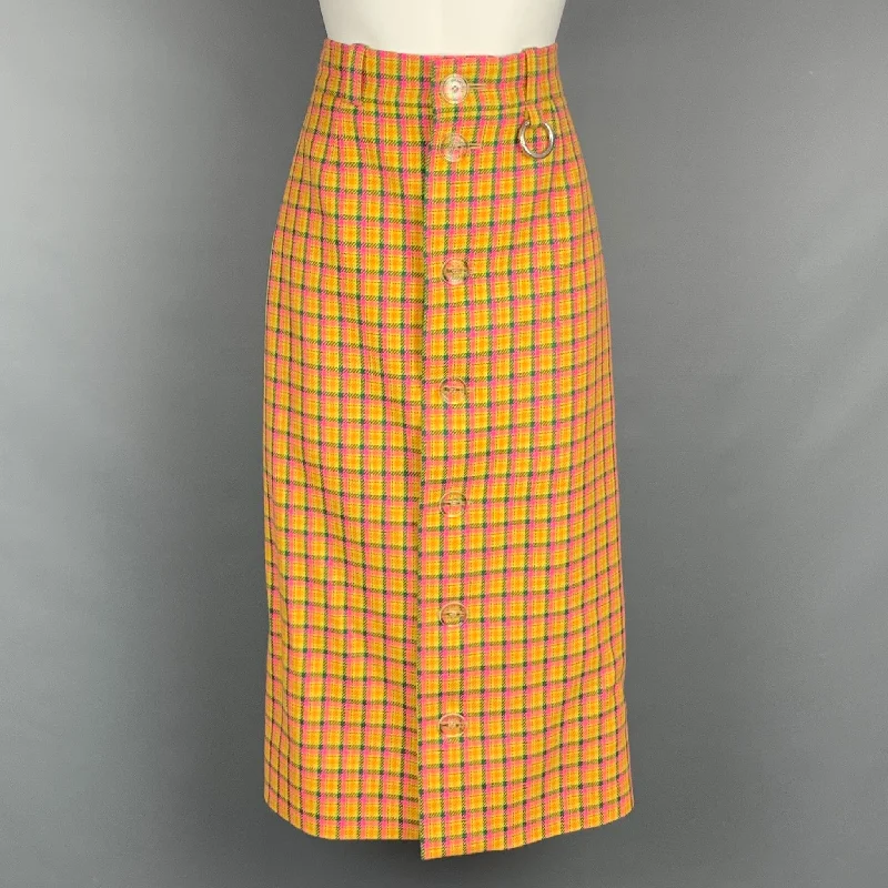 BALENCIAGA FW 2018 Size 4 Yellow & Pink Check Print Wool / Viscose High Waisted Midi Skirt lace skirt romantic