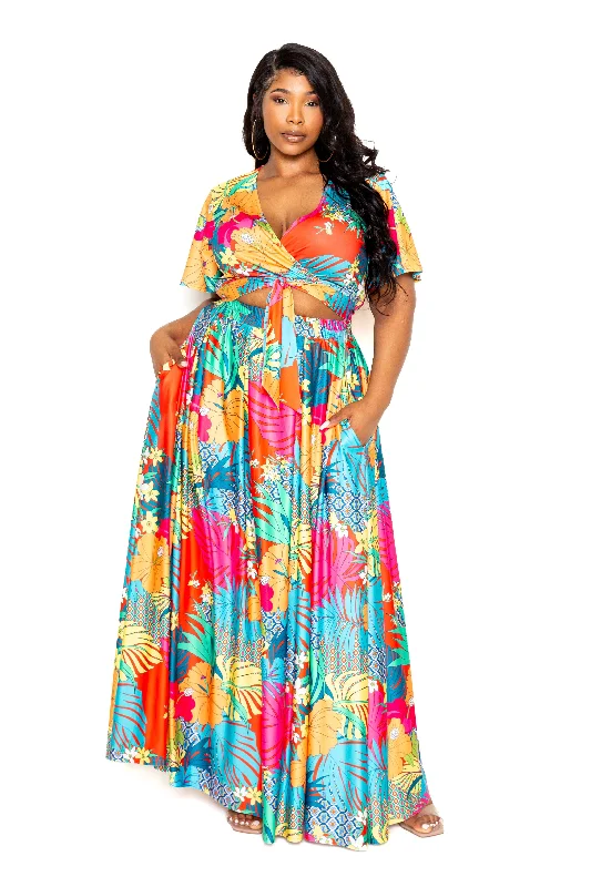 Tropical floral maxi skirt & top set silk skirt sleek