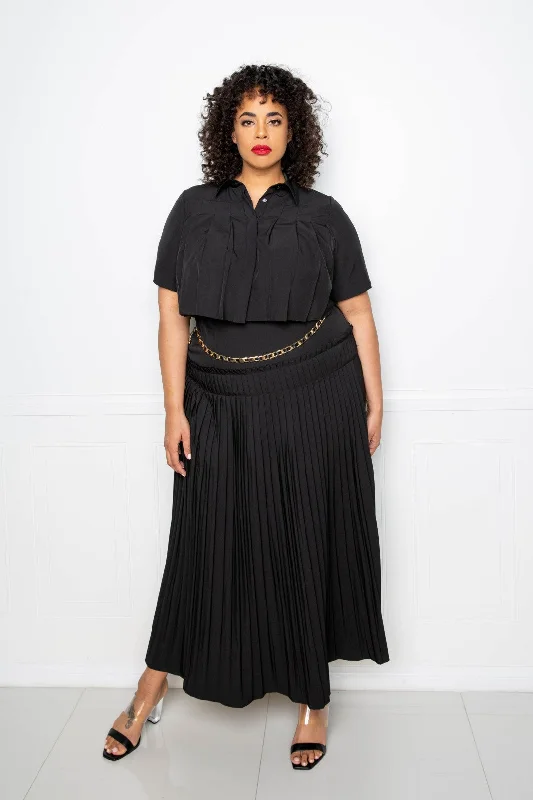 Pleated Cropped Shirt And Maxi Skirt Set velvet skirt plush