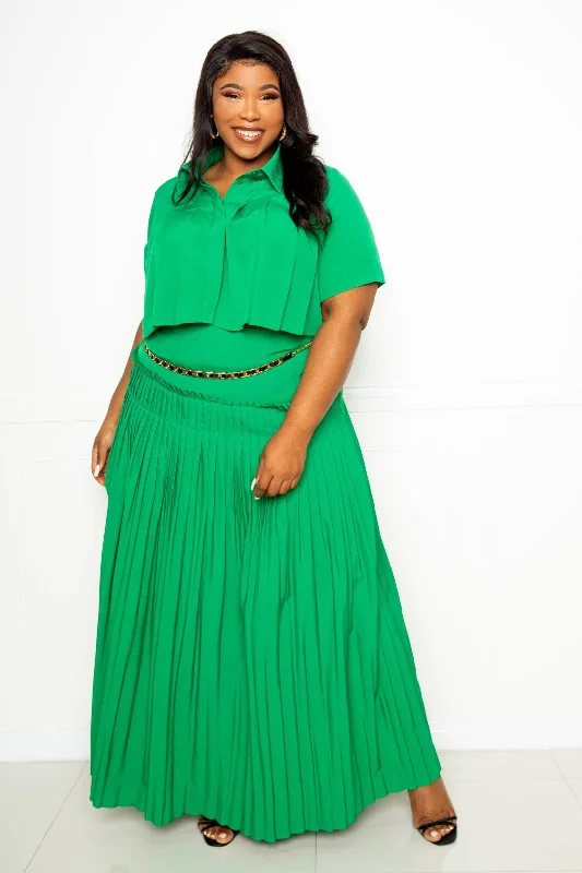 Pleated Cropped Shirt And Maxi Skirt Set linen skirt breathable