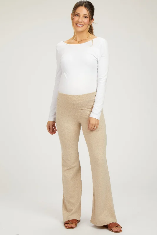 Beige Heathered Flare Leg Fold Over Maternity Leggings Cozy Textured Workout Leggings