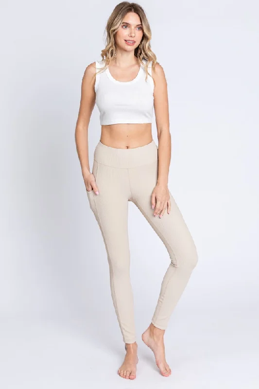 Beige Ribbed Active Leggings Comfortable Bootcut Workout Leggings