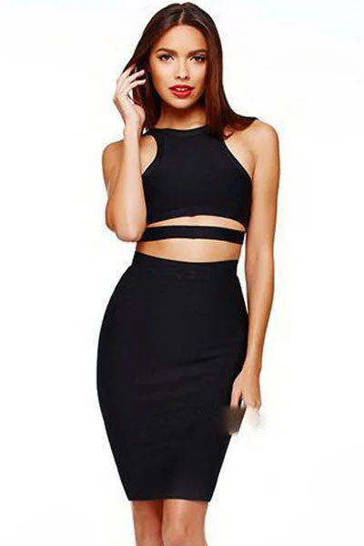 Black Cut-out Bandage Skirt Set midi skirt versatile