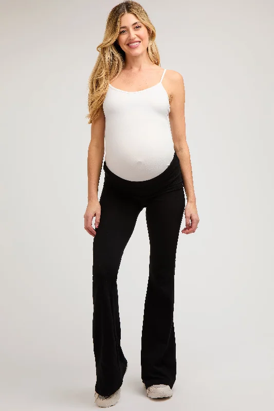 Black Fold-Over Waistband Flared Maternity Leggings Cozy Yoga Compression Leggings