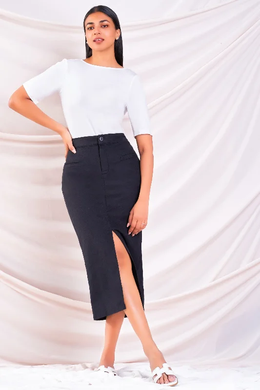 Black Linen Midi Skirt belted skirt waist