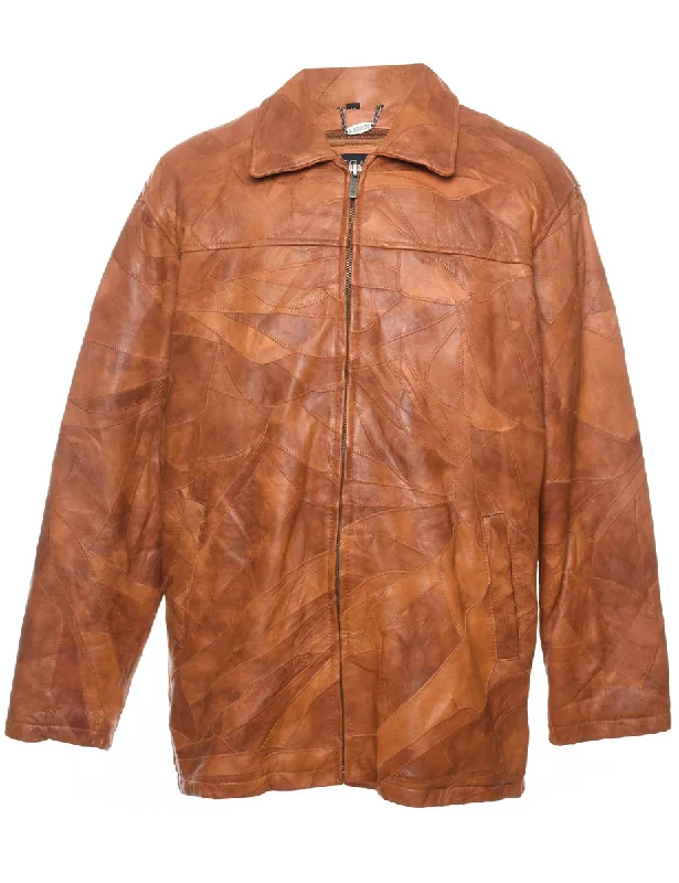 Brown Leather 1990s Patchwork Jacket - M Boat Neck Shawl Collar Notched Collar