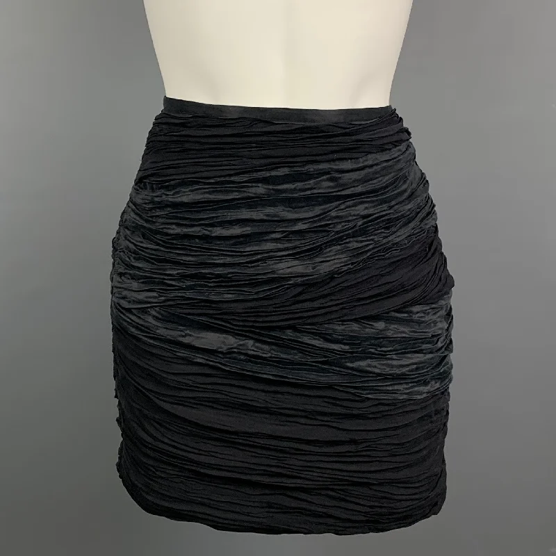 CATHERINE MALANDRINO Size 4 Black Ruched Silk Mini Skirt zip skirt side