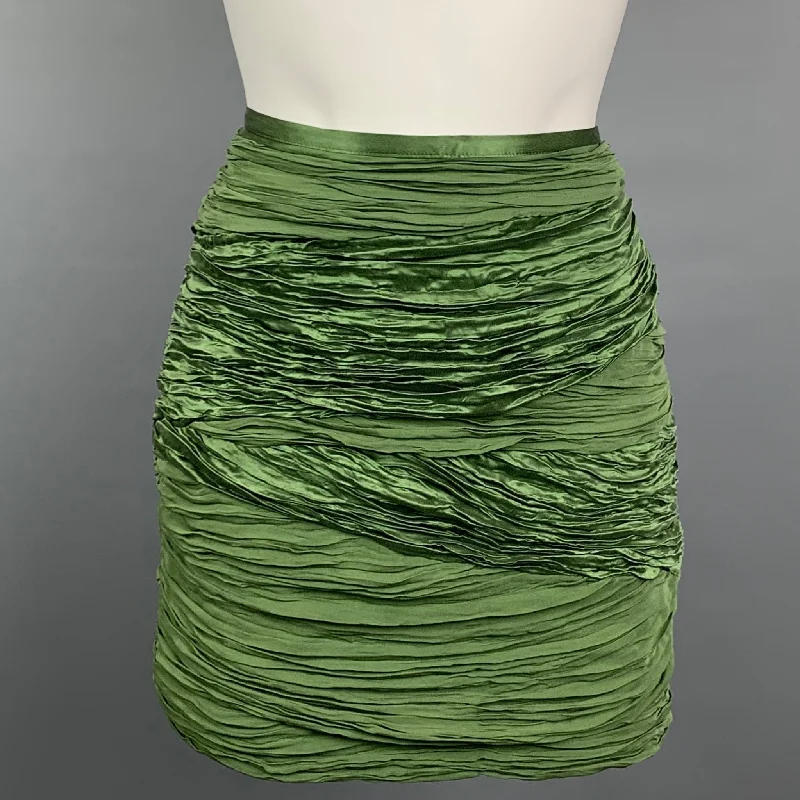 CATHERINE MALANDRINO Size 4 Green Ruched Silk Mini Skirt button skirt front