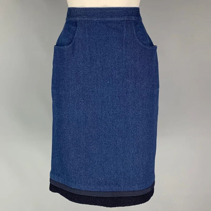 CHANEL FW91 Size 10 Blue Cotton / Lycra Below Knee Pencil Skirt asymmetrical skirt cut