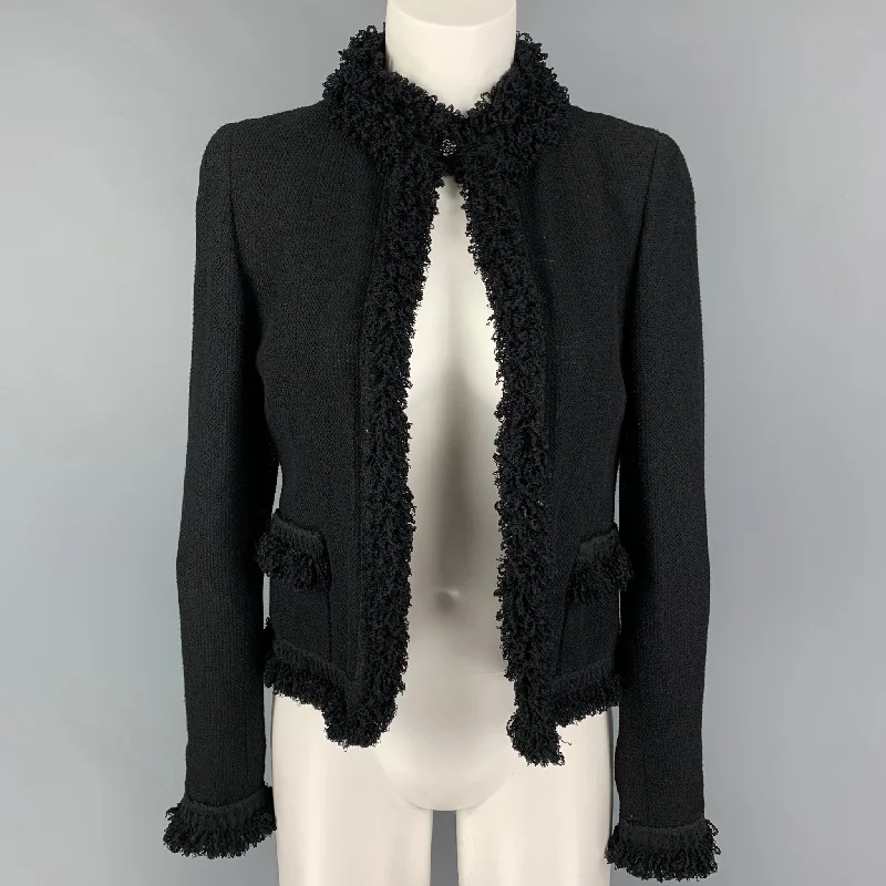 CHANEL Size 4 Black Wool Blend Open Front Jacket Denim Fabric Leather Fabric Suede Fabric CHANEL Size 4 Black Wool Blend Open Front Jacket Denim Fabric Leather Fabric Suede Fabric