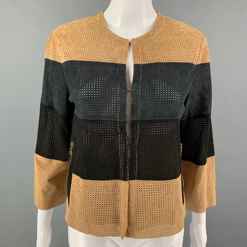 DROME Size S Camel Black Suede Perforated Hook & Eye Jacket Rayon Jacket Velvet Jacket Corduroy Jacket DROME Size S Camel Black Suede Perforated Hook & Eye Jacket Rayon Jacket Velvet Jacket Corduroy Jacket