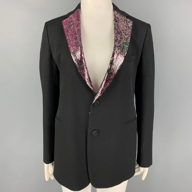 ETRO Size 36 Black Metallic Wool Notch Lapel Jacket Bomber Jacket Anorak Windbreaker ETRO Size 36 Black Metallic Wool Notch Lapel Jacket Bomber Jacket Anorak Windbreaker