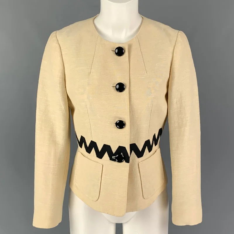 ETRO Size 4 Cream Black Silk Blend Ribbon Collarless Jacket Boat Neck Shawl Collar Notched Collar
