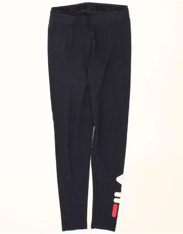 FILA Womens Graphic Leggings UK 10 Small Navy Blue Cotton Fashionable Quick-Dry Leggings