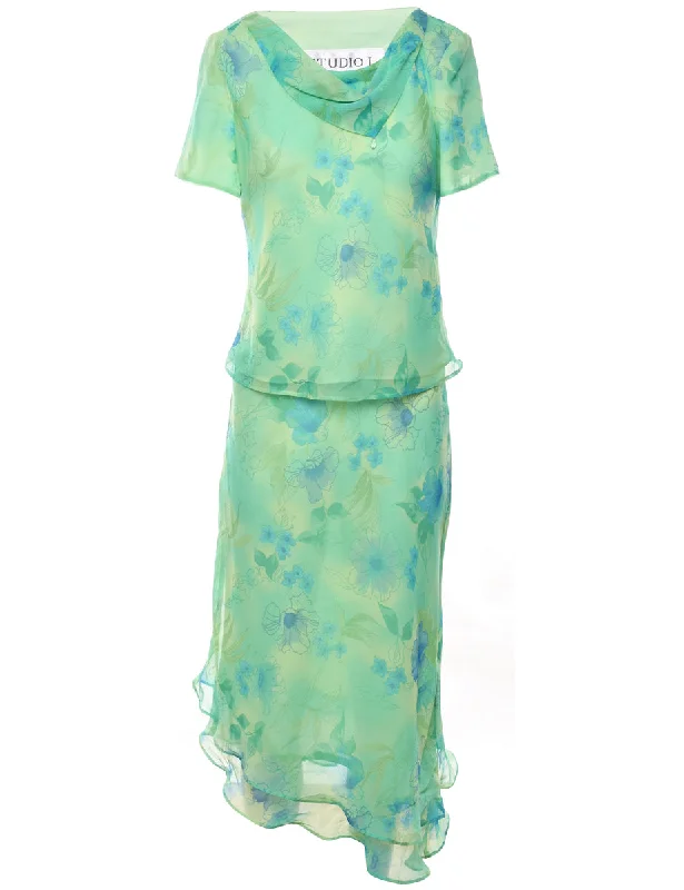 Floral Light Green Cowl Neck & Asymmetric Hem Top & Skirt Set - L relaxed fit skirt