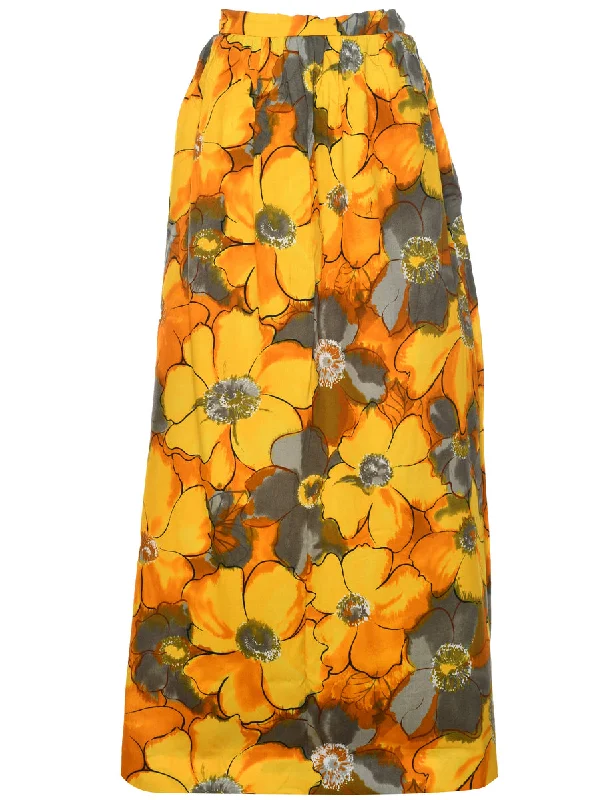 Floral Pattern Maxi Skirt - M asymmetrical skirt cut