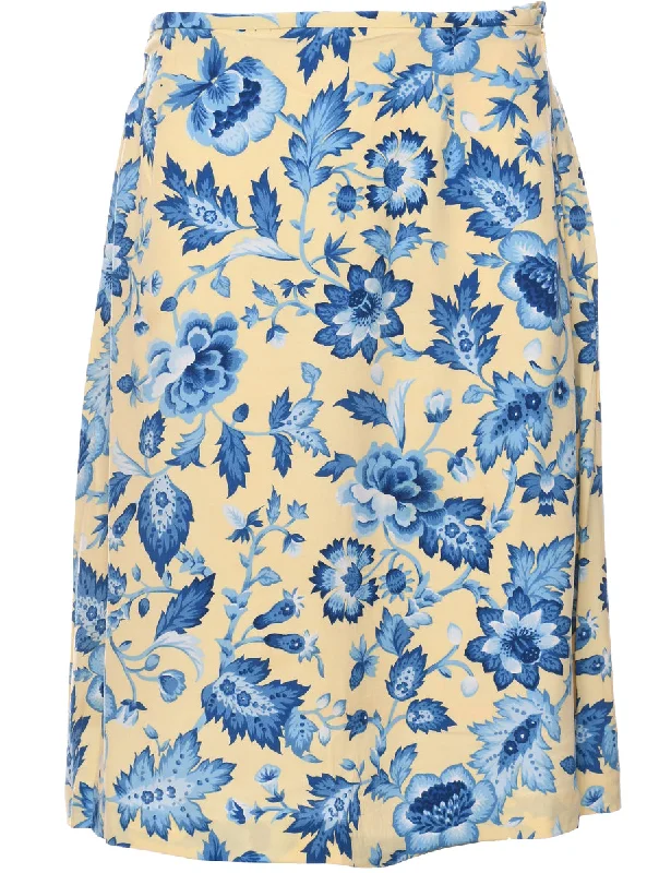 Floral Pattern Midi Skirt - M silk skirt lustrous