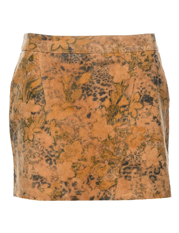 Floral Print Suede Mini Skirt - L spandex blend skirt