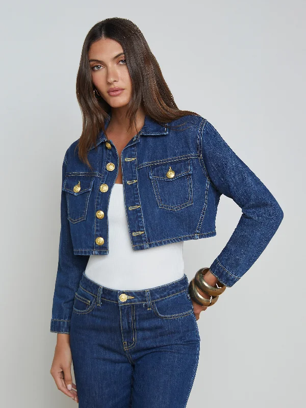 Genevie Cropped Denim Jacket Denim Fabric Leather Fabric Suede Fabric