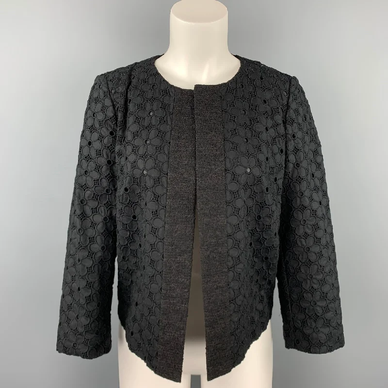 GIAMBATTISTA VALLI Size M Black Eyelet Cotton Open Front Jacket Ribbed Jacket Pleated Jacket Ruffled Jacket GIAMBATTISTA VALLI Size M Black Eyelet Cotton Open Front Jacket Ribbed Jacket Pleated Jacket Ruffled Jacket