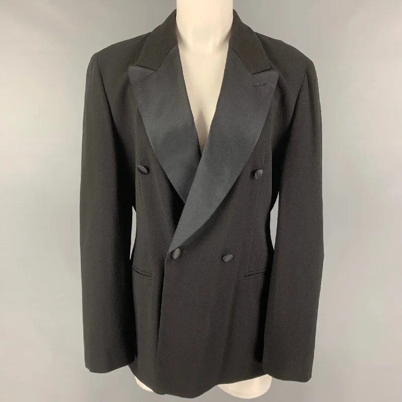 GIORGIO ARMANI Size L Black Wool Double Breasted Jacket Front Pockets Side Pockets Patch Pockets GIORGIO ARMANI Size L Black Wool Double Breasted Jacket Front Pockets Side Pockets Patch Pockets