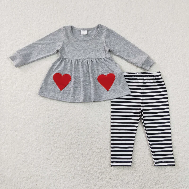 GLP0962 Valentine's Day Baby Girl Long Sleeves Embroidery Hearts Tunic Stripes Leggings Pants Grey Set Trendy Minimalist Leggings