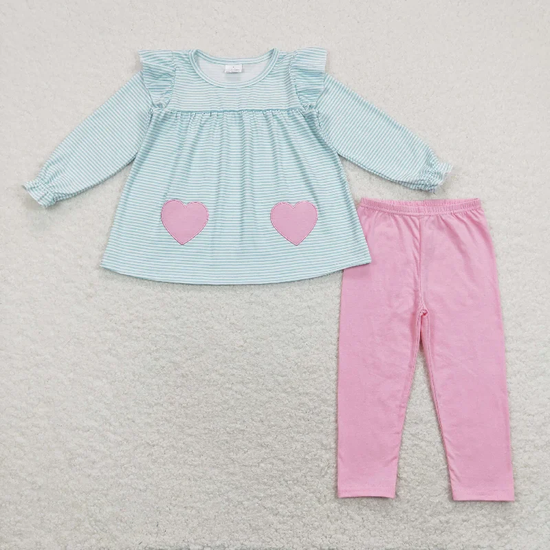 GLP1114 Valentine's Day Baby Girl Long Sleeves Embroidery Hearts Stripes Tunic Pink Cotton Leggings Pants Set Comfortable Sports Performance Tights