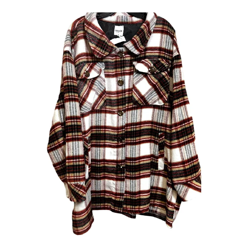 Jacket Fleece By Kensie In Plaid, Size: 3x Satin Fabric Silk Fabric Chiffon Fabric