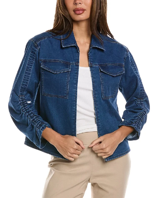 Jones New York Shirred Sleeve Denim Jacket Boat Neck Shawl Collar Notched Collar
