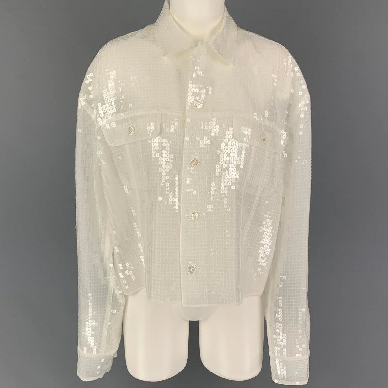 JUNYA WATANABE Size M White Polyester Mesh Sequin Jacket Stand-Up Collar Roll-Neck Collar Turtle Neck JUNYA WATANABE Size M White Polyester Mesh Sequin Jacket Stand-Up Collar Roll-Neck Collar Turtle Neck
