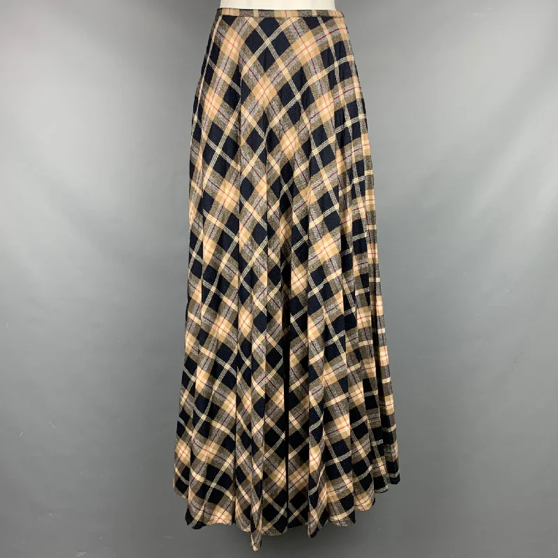 LES COPAINS Size 8 Blue & Beige Plaid Pleated Long Skirt silk skirt lustrous