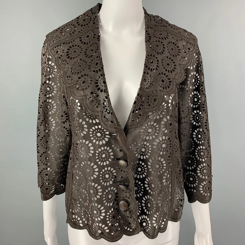 MALANDRINO Size 6 Brown Leather Perforated 3/4 Sleeves Jacket Herringbone Jacket Houndstooth Jacket Plaid Jacket MALANDRINO Size 6 Brown Leather Perforated 3/4 Sleeves Jacket Herringbone Jacket Houndstooth Jacket Plaid Jacket